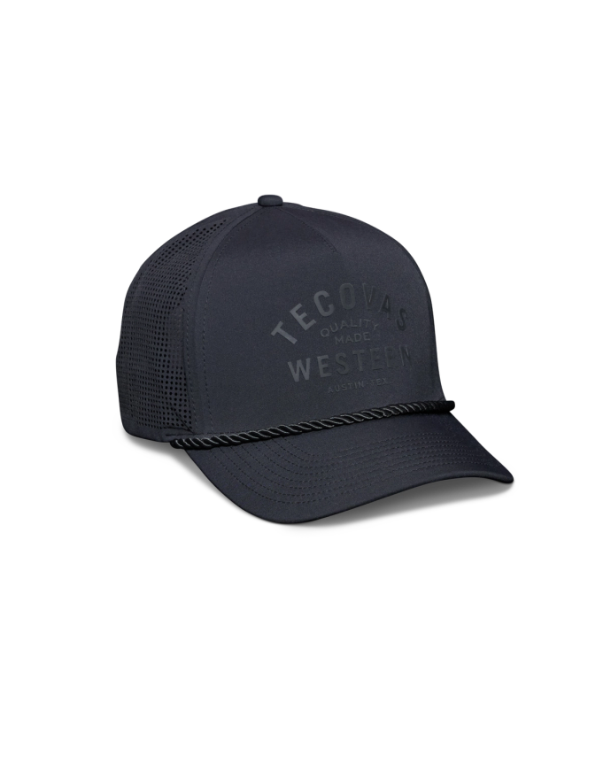 Dark gray baseball cap with mesh back and "Tecovas Quality Made Western Austin" text on the front. Features a cord across the brim.