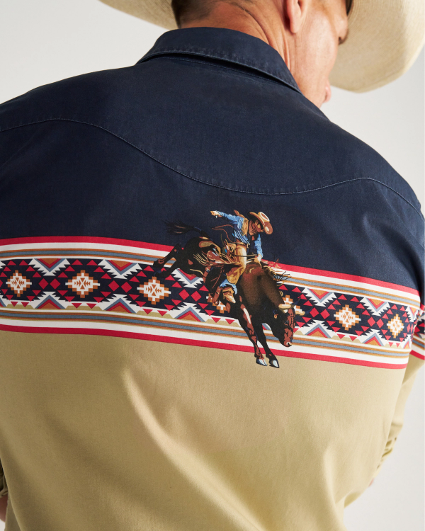 Closeup detail view of Men's Thorn Stopper Pearl Snap LS - Navy / Khaki