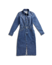 Front view of Women's L/S Denim Midi Dress - Medium Wash on plain background