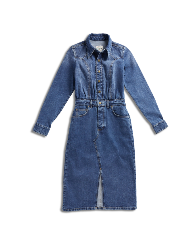 Front view of Women's L/S Denim Midi Dress - Medium Wash on plain background