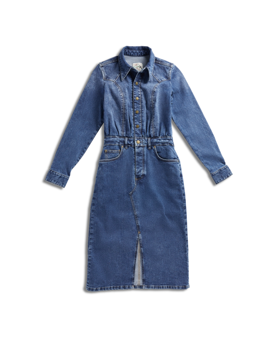 Front view of Women's L/S Denim Midi Dress - Medium Wash on plain background