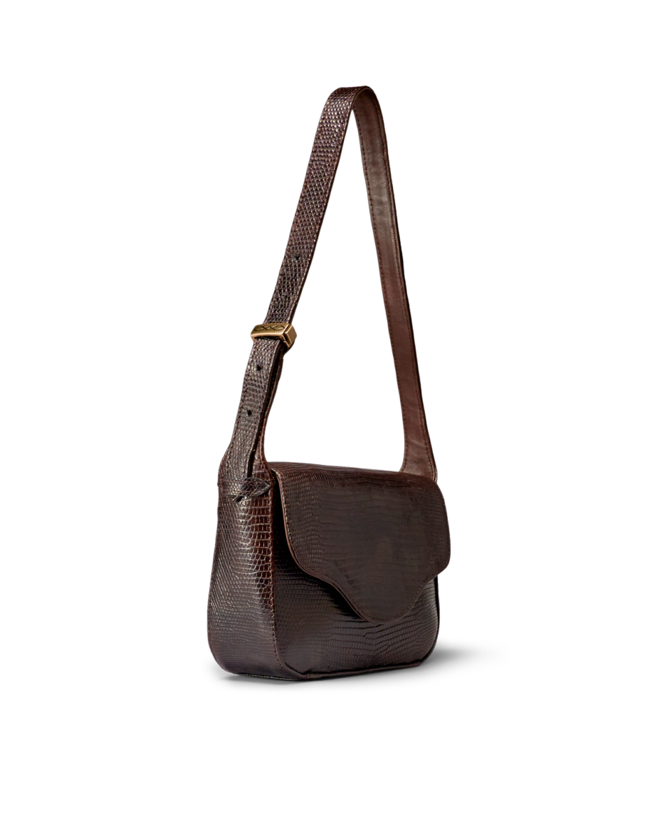 Quarterfront view of Lizard Shoulder Bag - Coffee on plain background