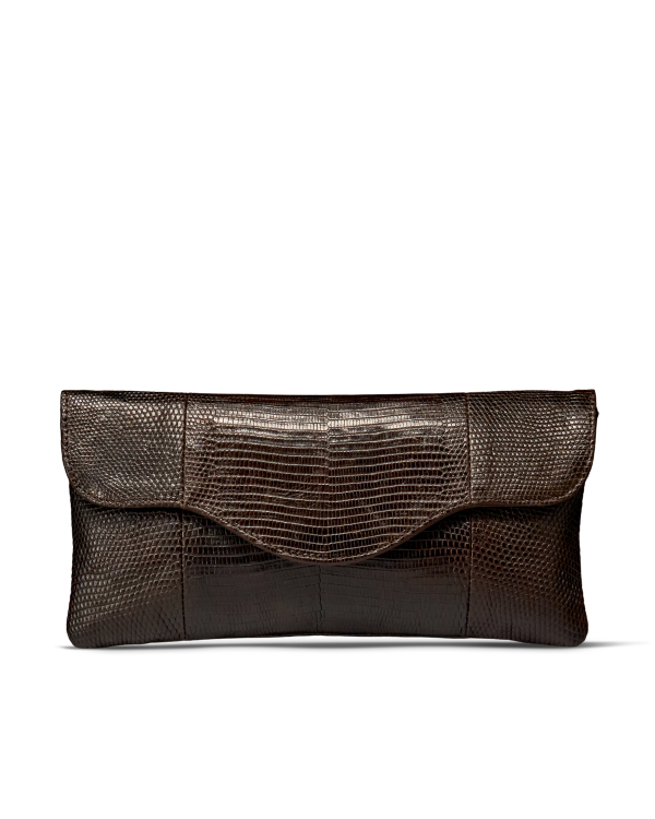 Front view of Lizard Clutch - Coffee on plain background