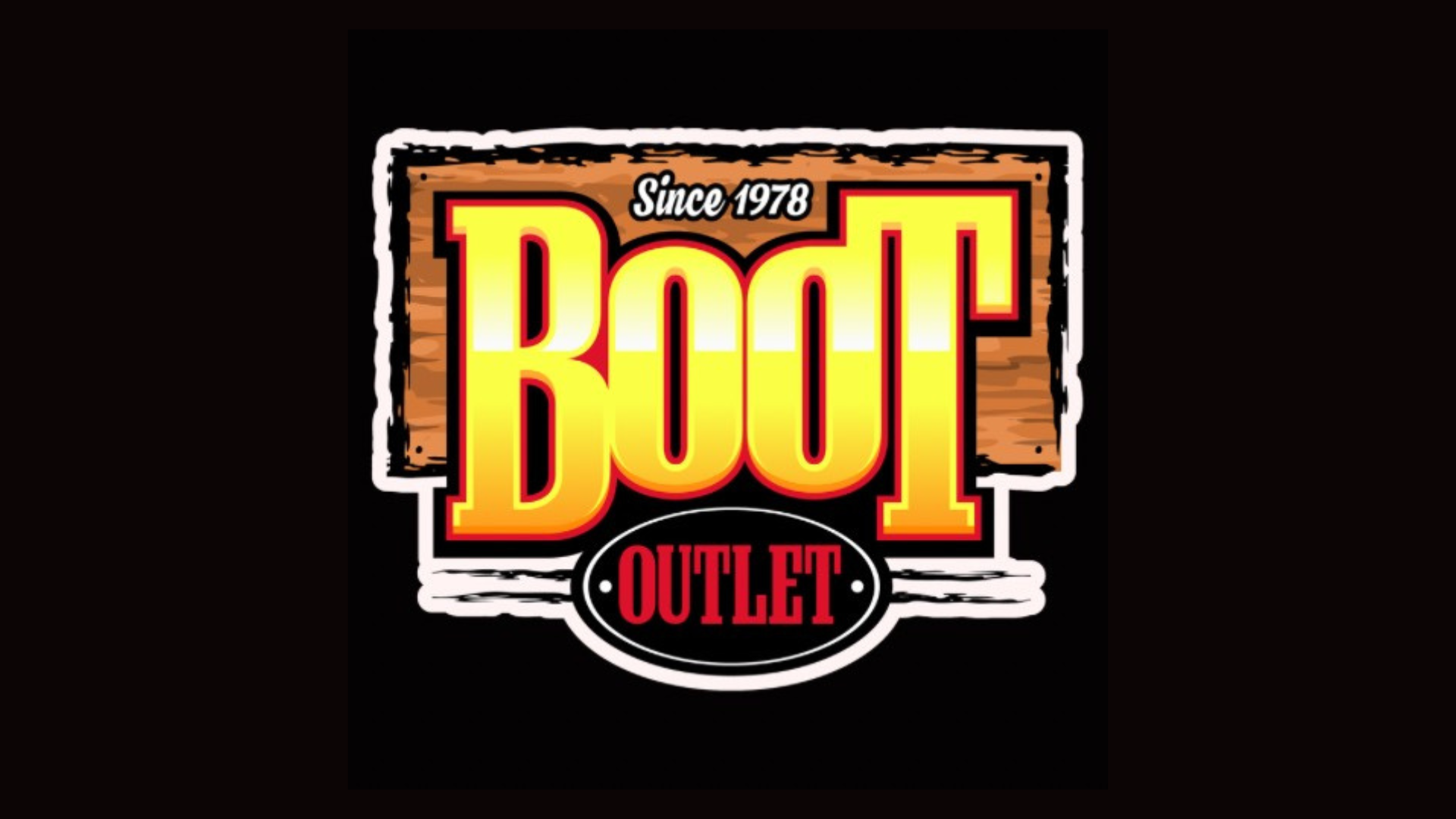 A logo with the words “Boot Outlet” in large yellow and red letters, “Since 1978” above, on a wood-textured background.