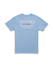 Light blue short-sleeve t-shirt with “Tecovas maker of fine Western Goods Austin, Tex” printed in white and beige text on the back.