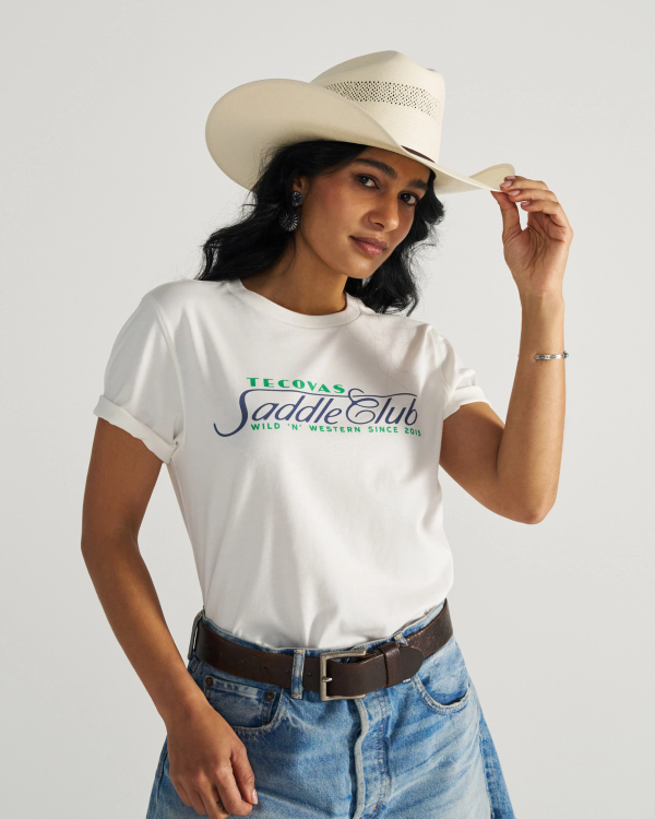 Front view of Women's Saddle Club Tee - Bone on model
