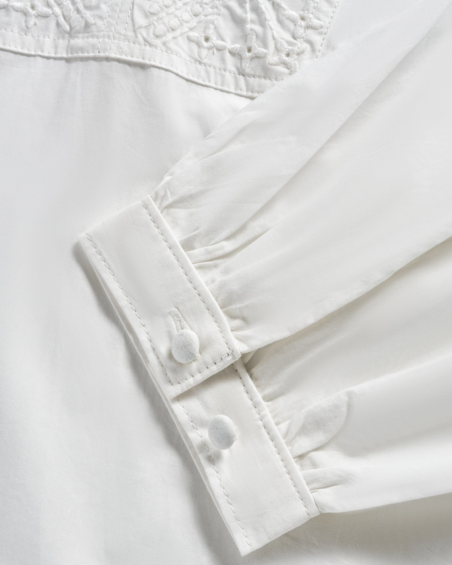 Closeup view of Women's L/S Embroidered Cotton Popover Top - White