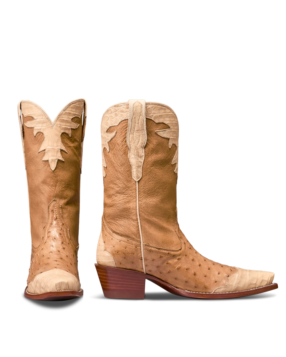 Pair view of Women's Birthday Boot XI - Dune Ostrich/Caiman on plain background