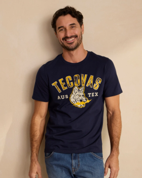 Front view of Wolf Mascot Tee - Navy/Gold on model