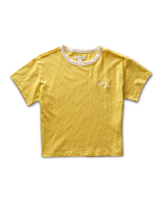 View of the Women's Vintage Ringer in the color Golden Yellow/tan with an on white background. 