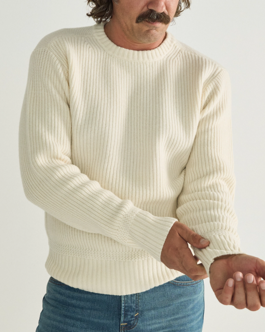 Front view of Men's Crew Neck Desert Sweater - Whisper White on model