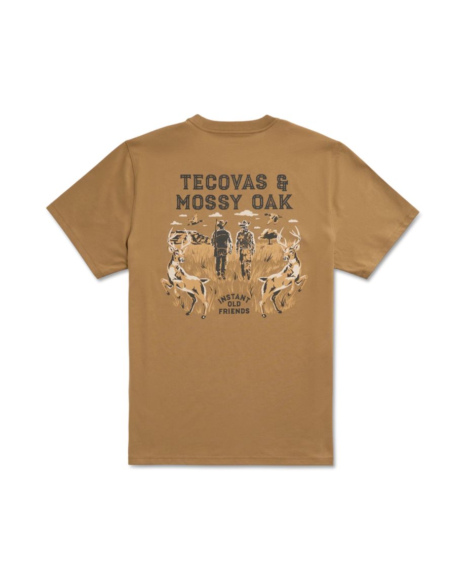 Back view of Men's Tecovas x Mossy Oak Cowboys & Deer T-Shirt - Olivewood on plain background