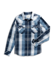 Blue and white plaid long-sleeve button-up shirt with two front pockets and pearl snap buttons, laid flat on a white background.