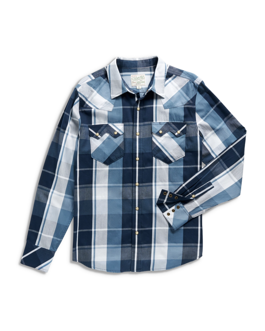 Blue and white plaid long-sleeve button-up shirt with two front pockets and pearl snap buttons, laid flat on a white background.