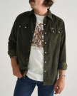 Closeup detail view of Men's Texas Weight Corduroy Pearl Snap LS - Pine