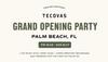 Invitation for Tecovas Grand Opening Party in Palm Beach, FL from Fri 8/15 to Sun 8/17 with live music, complimentary beverages, and freebies for first 50 attendees.
