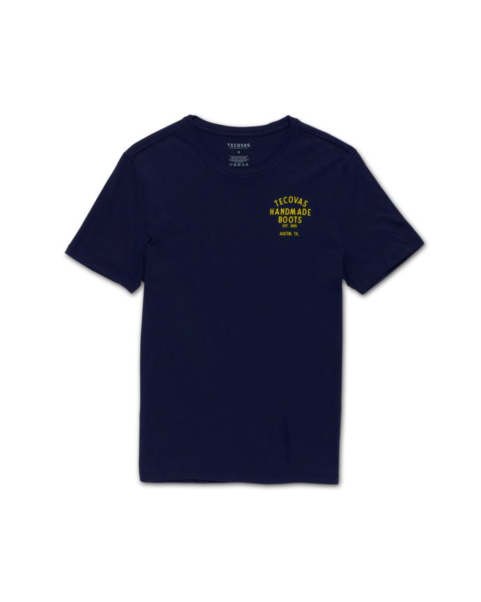 Front view of Men's Tecovas Handmade Boots Tee - Navy/Yellow on plain background