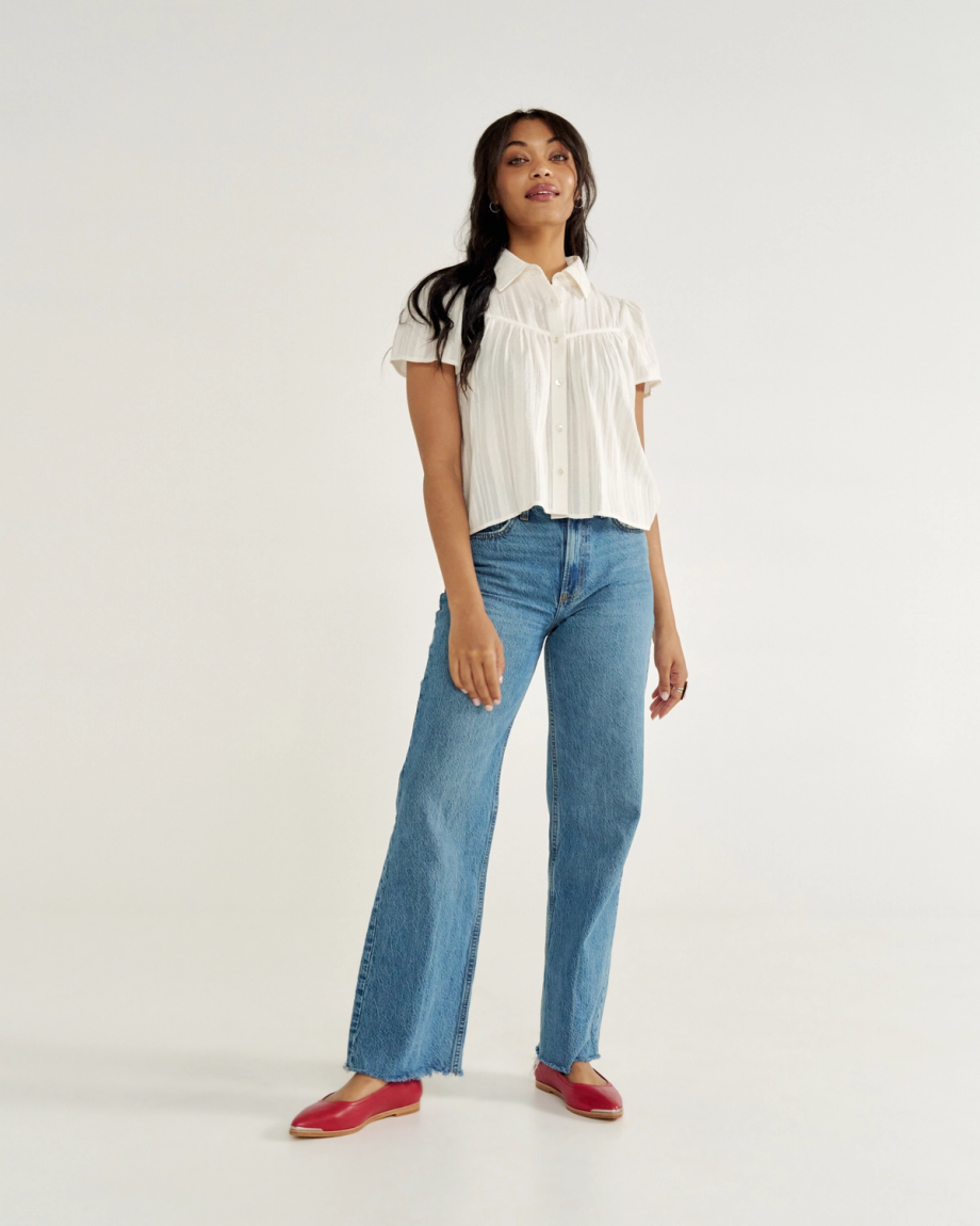 Full view of The Misty - Crimson Cowhide on model