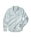 Light blue denim shirt with button-up front and two chest pockets, laid flat on a solid black background.