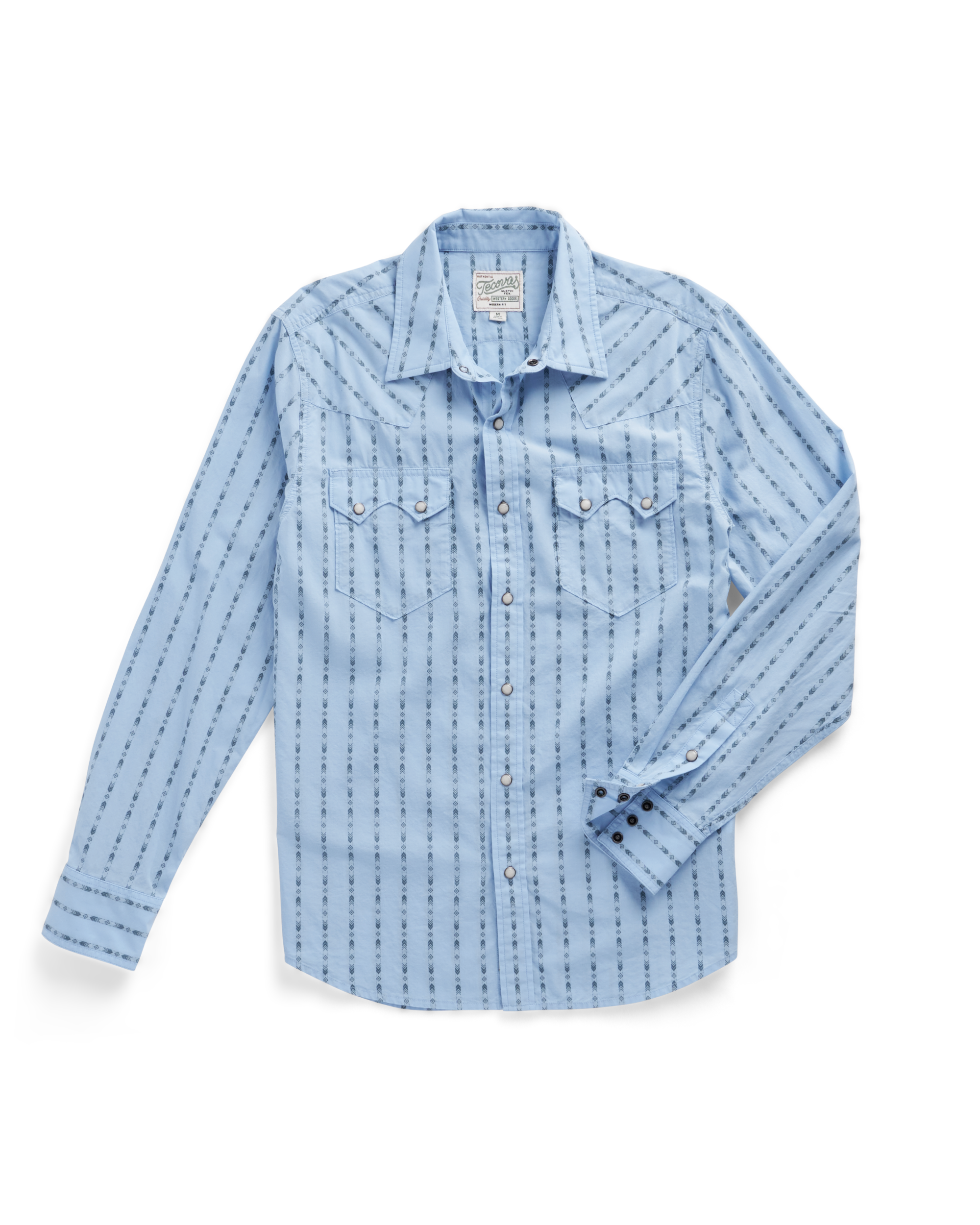 Closeup detail view of Men's Vintage Weight Pearl Snap LS - Chambray / Storm