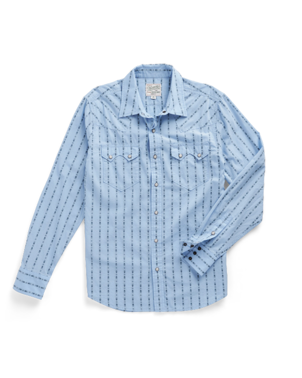 Closeup detail view of Men's Vintage Weight Pearl Snap LS - Chambray / Storm