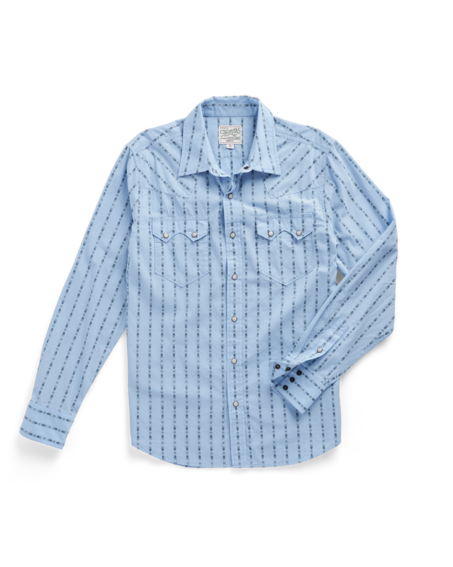 Closeup detail view of Men's Vintage Weight Pearl Snap LS - Chambray / Storm