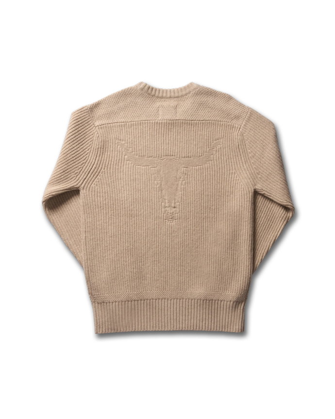 Back view of Men's Crew Neck Desert Sweater - Bone Heather on plain background