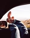 A person wearing red cowboy boots and jeans rests their legs through a car window, with a desert landscape in the background.