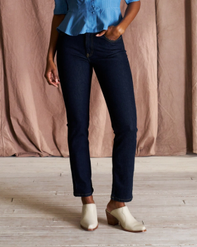 Front view of Women's Mid-Rise Stovepipe Jeans - Dark on model