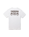 White T-shirt with "Tecovas Quality Western Goods" printed in brown text alongside two horseshoes on the back.