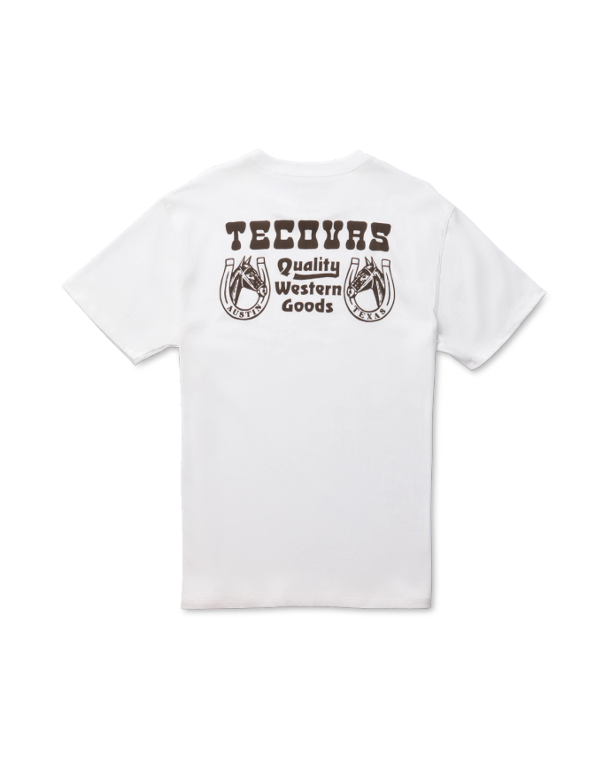 White T-shirt with "Tecovas Quality Western Goods" printed in brown text alongside two horseshoes on the back.