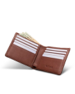 Open brown leather wallet with several cards and bills partially visible.
