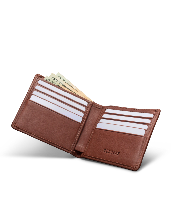 Open brown leather wallet with several cards and bills partially visible.