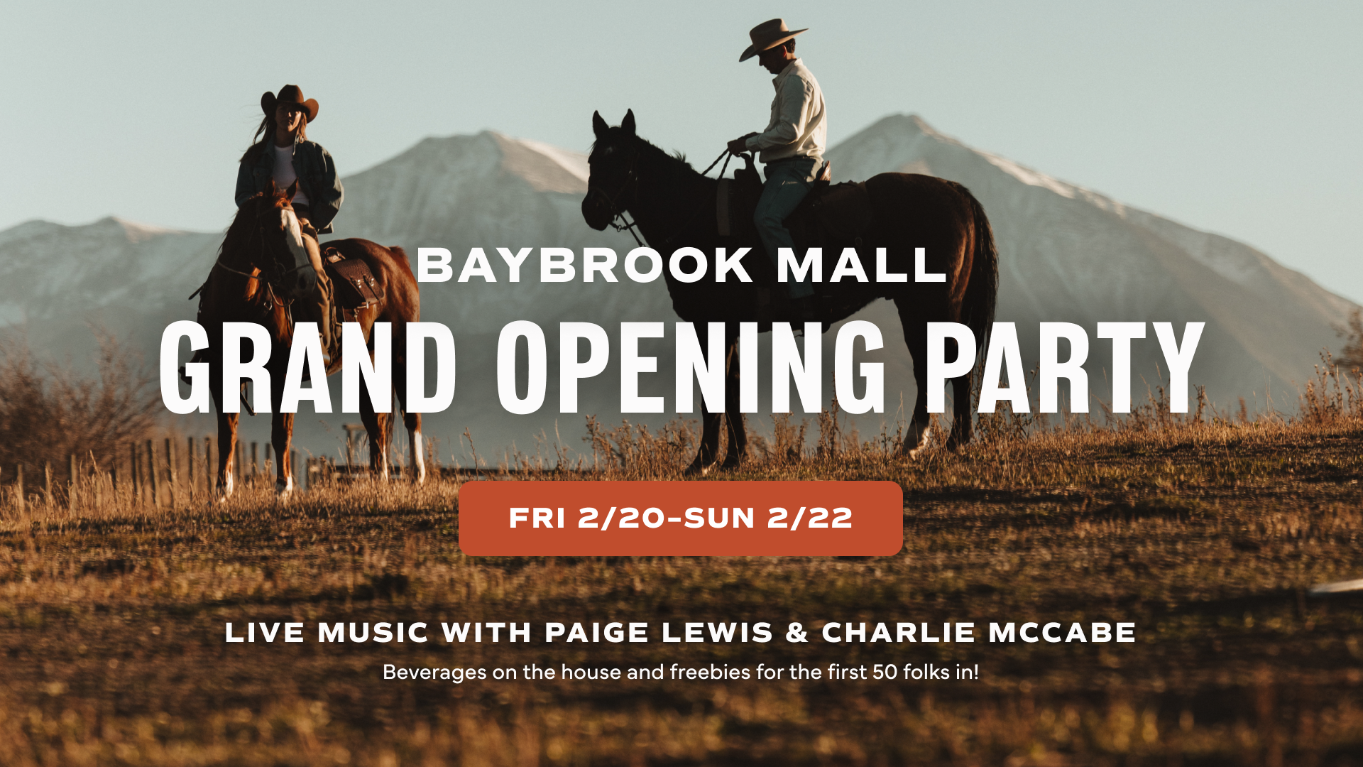 Two people on horseback in front of mountains with text announcing Baybrook Mall Grand Opening Party and event details.