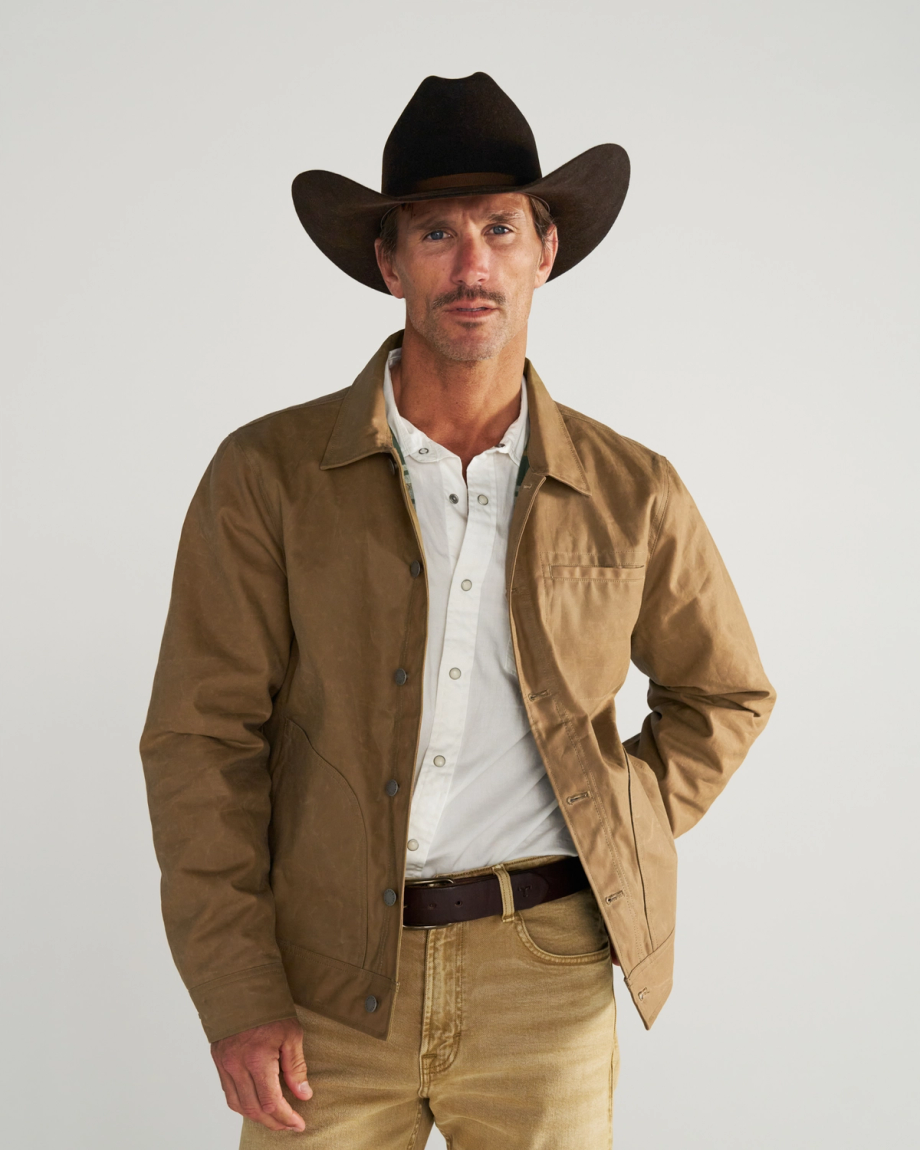 Front view of Men's Waxed Ranch Jacket - Field Tan on model