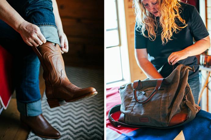 woman putting on her cowgirl boots and packing a bag