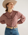Front view of Women's Mini Seersucker Blouse - Burgundy / Pink on model