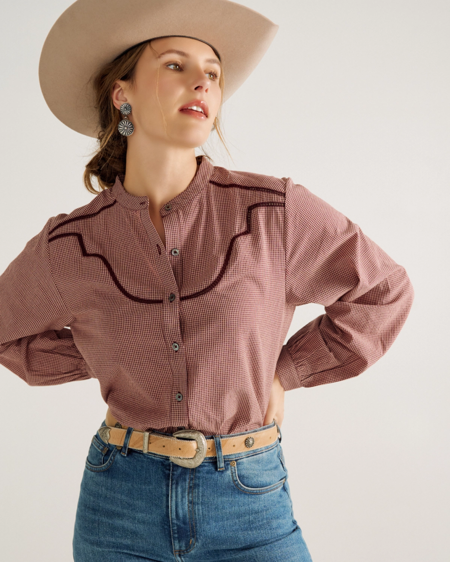 Front view of Women's Mini Seersucker Blouse - Burgundy / Pink on model