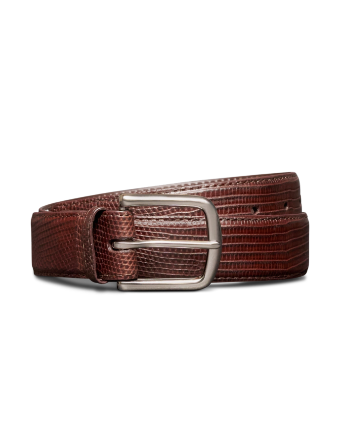 Unbuckled view of Men's Lizard Belt II - Hazelnut on plain background