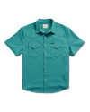 Teal short-sleeve button-up shirt with front pockets and snap buttons, displayed against a white background.