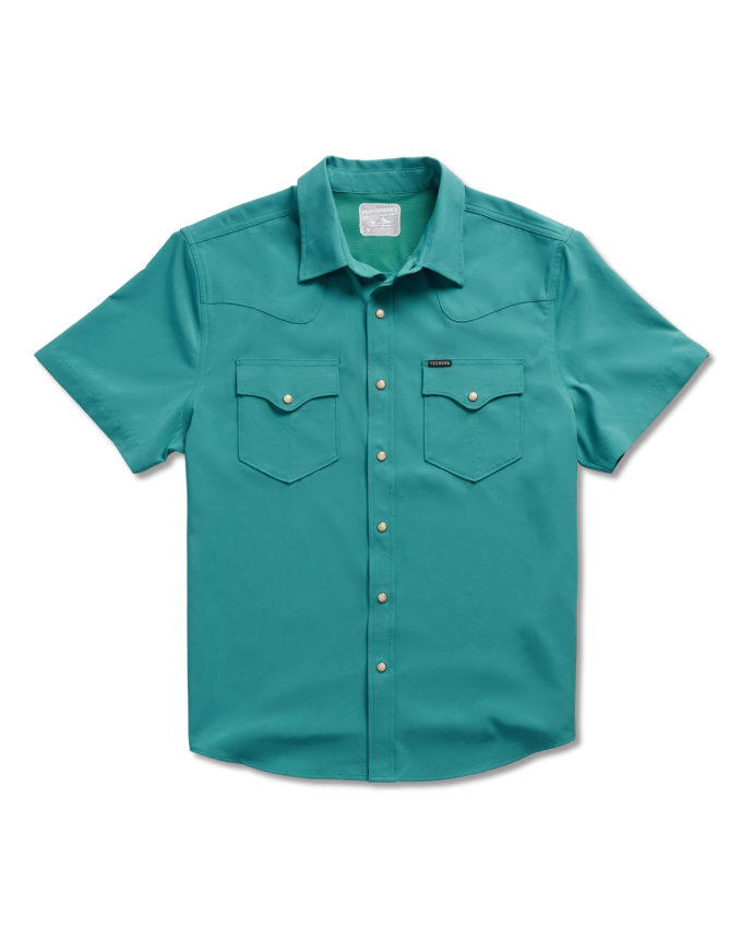 Teal short-sleeve button-up shirt with front pockets and snap buttons, displayed against a white background.