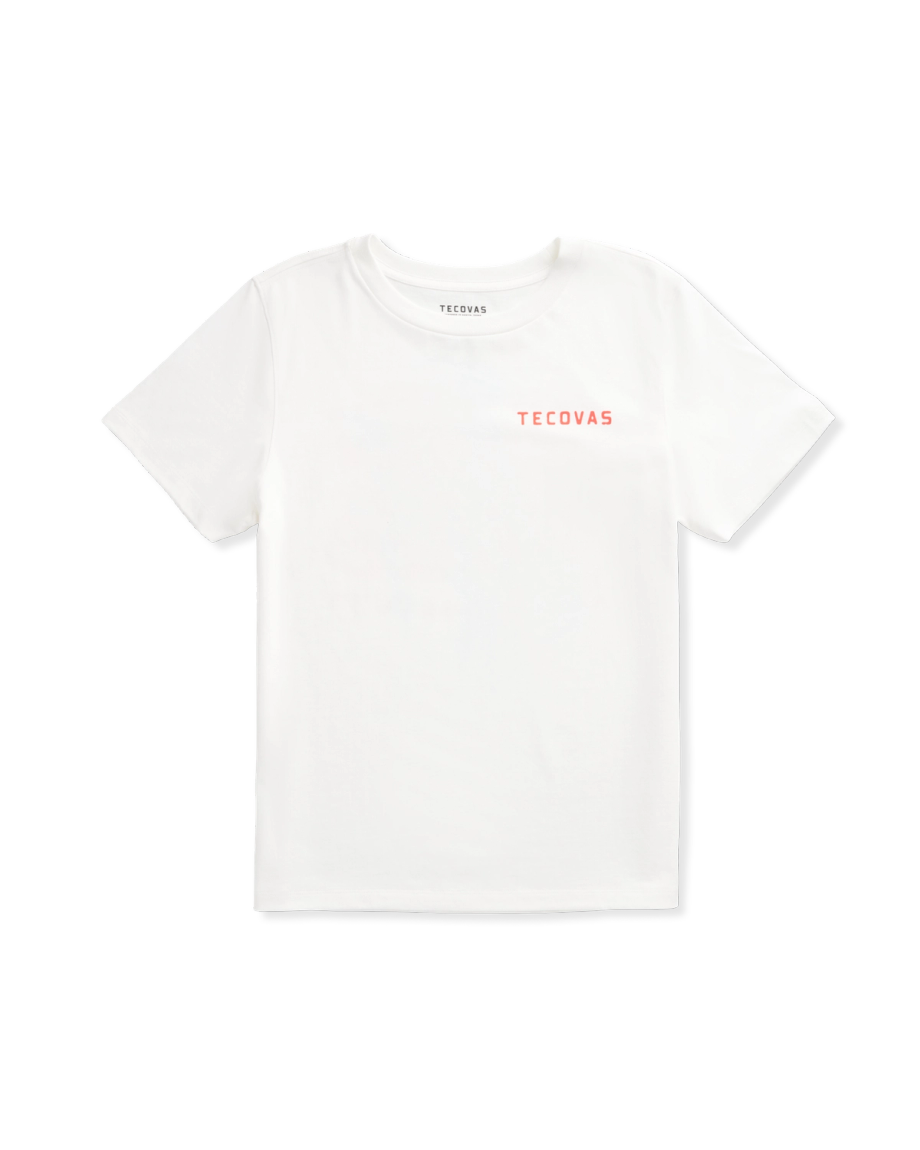 A plain white short-sleeve T-shirt with "TECOVAS" printed in small red letters on the upper left chest.