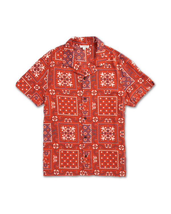 Front view of Men's Lakeside Camp Shirt - Terracotta/Multi on plain background