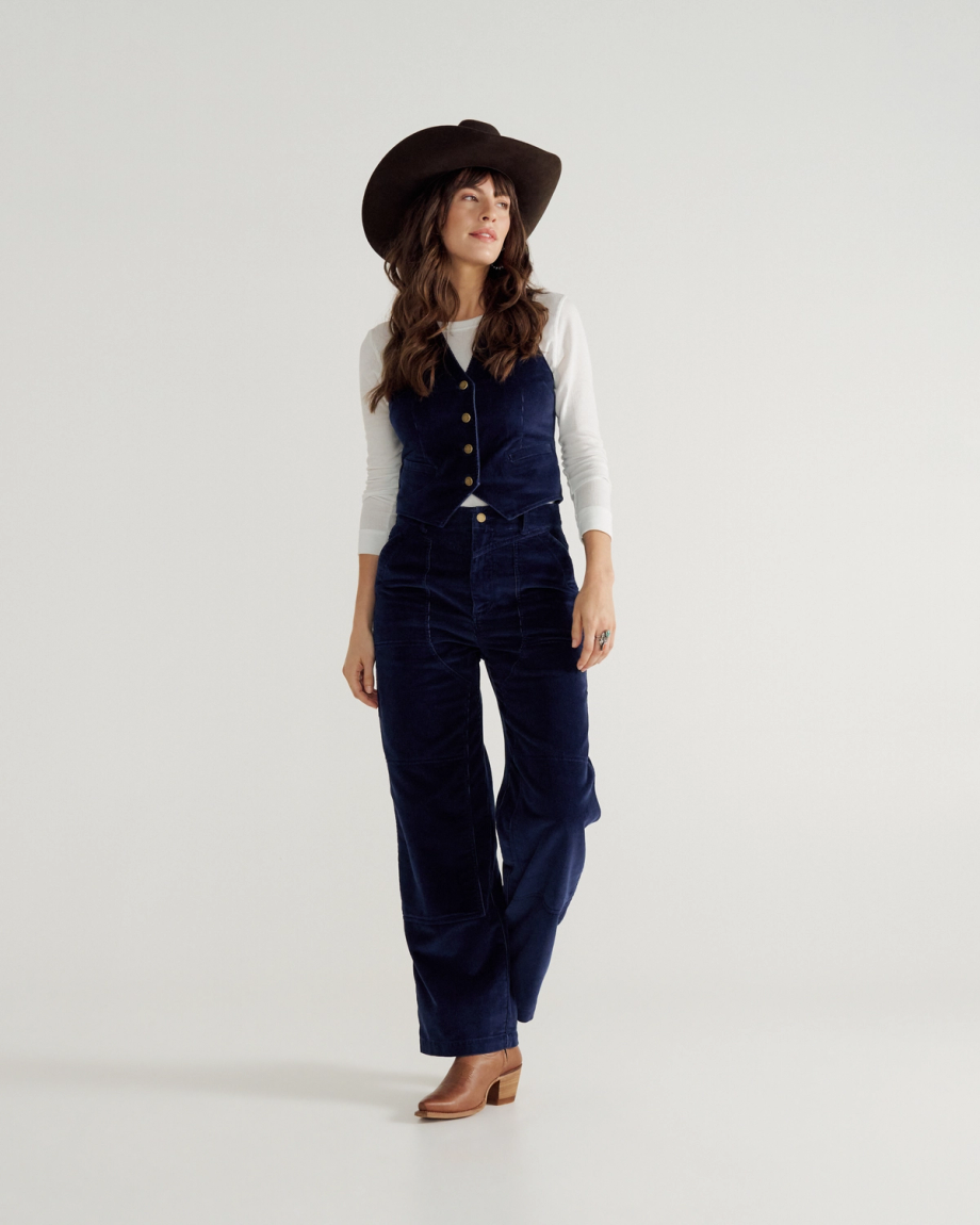 Full view of Women's Corduroy Vest - Navy on model