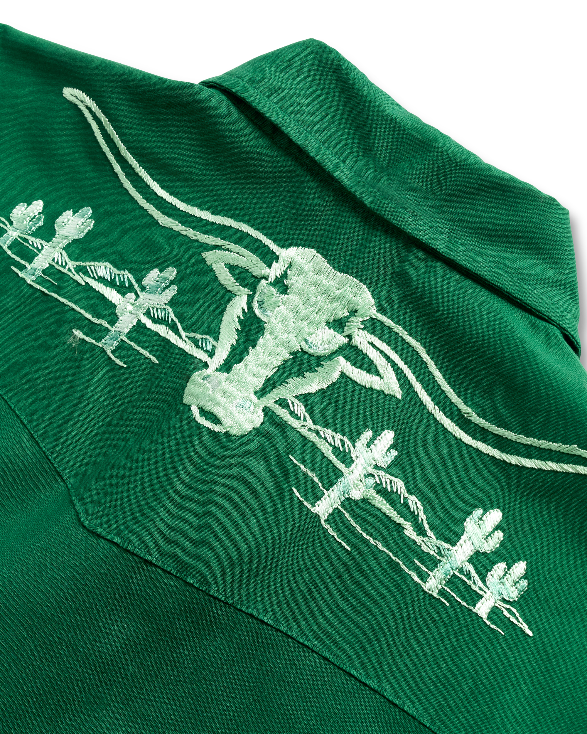 Closeup detail view of Tecovas x Cathy Hahn Men’s Vintage Embroidered Pearl Snap - Cactus Green