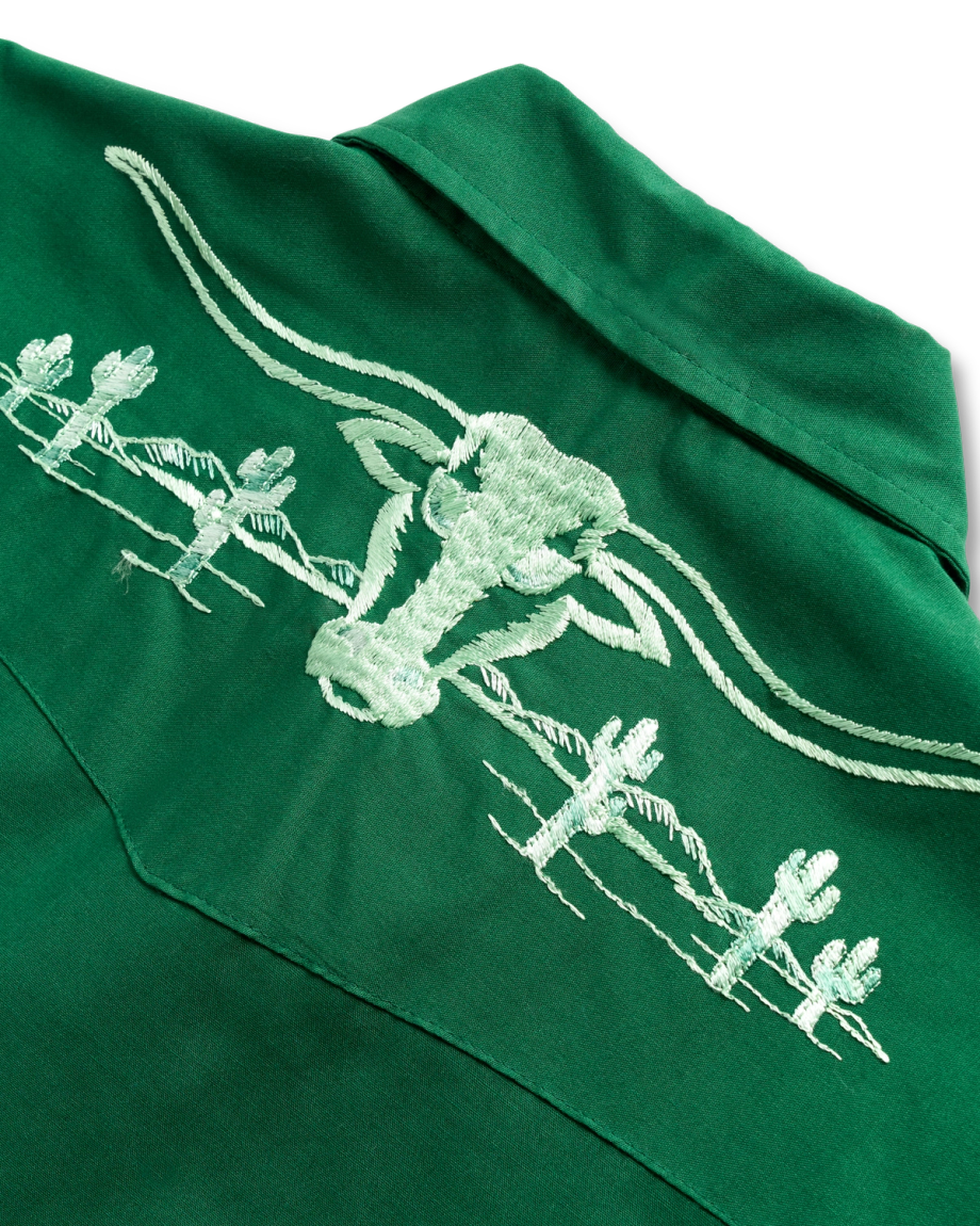 Closeup detail view of Tecovas x Cathy Hahn Men’s Vintage Embroidered Pearl Snap - Cactus Green