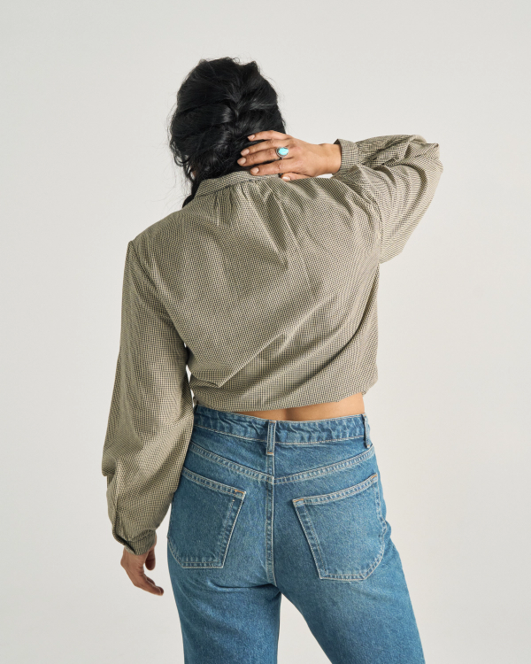 Back view of Women's Mini Seersucker Blouse - Black / White on model