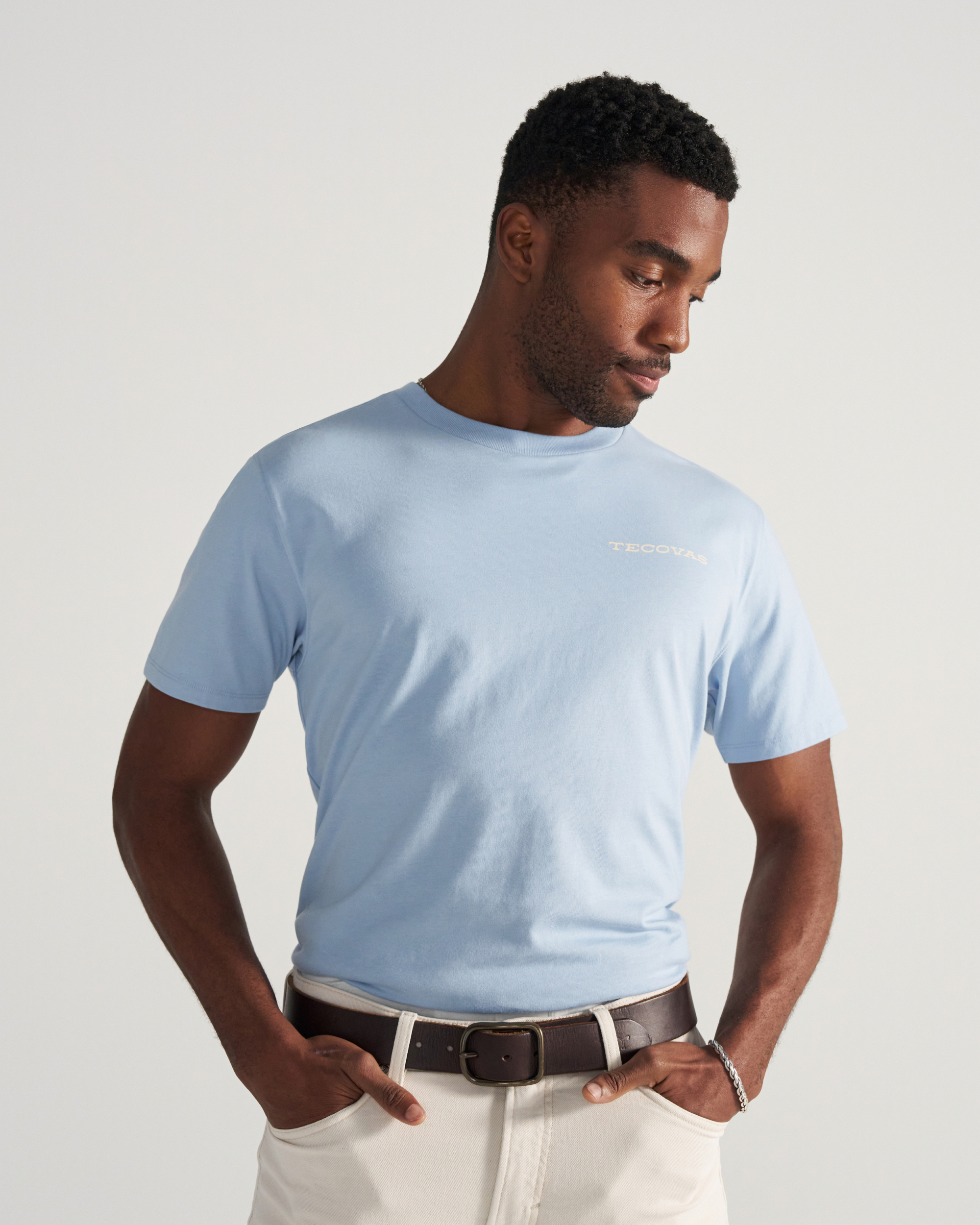 Front view of Men's Roadrunner T-Shirt - Chambray/Bone on model