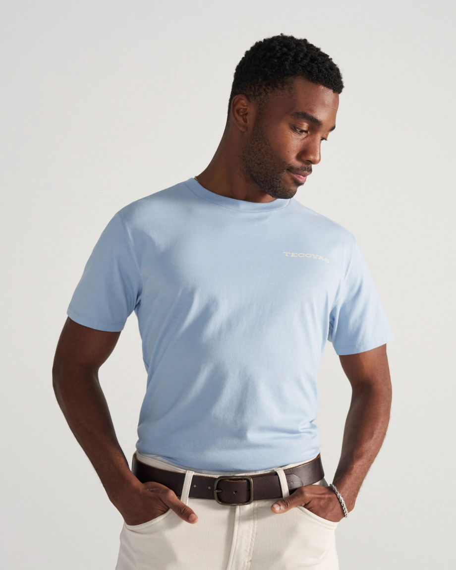 Front view of Men's Roadrunner T-Shirt - Chambray/Bone on model