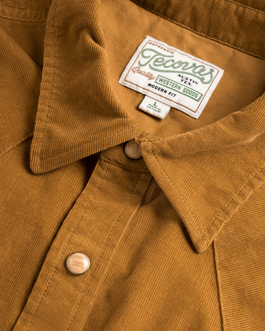 Closeup detail view of Men's Texas Weight Corduroy Pearl Snap - Bronze